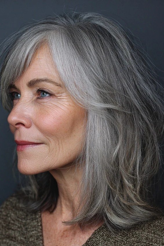 Grey shoulder-length hair, side view, woman in her 60s
