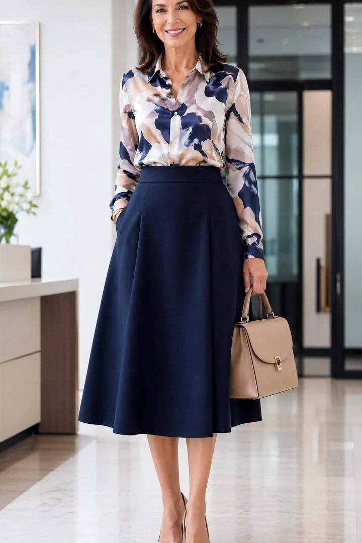 Floral Blouse With Navy Midi Skirt - flattering outfit idea for women over 50, how to dress better over 50