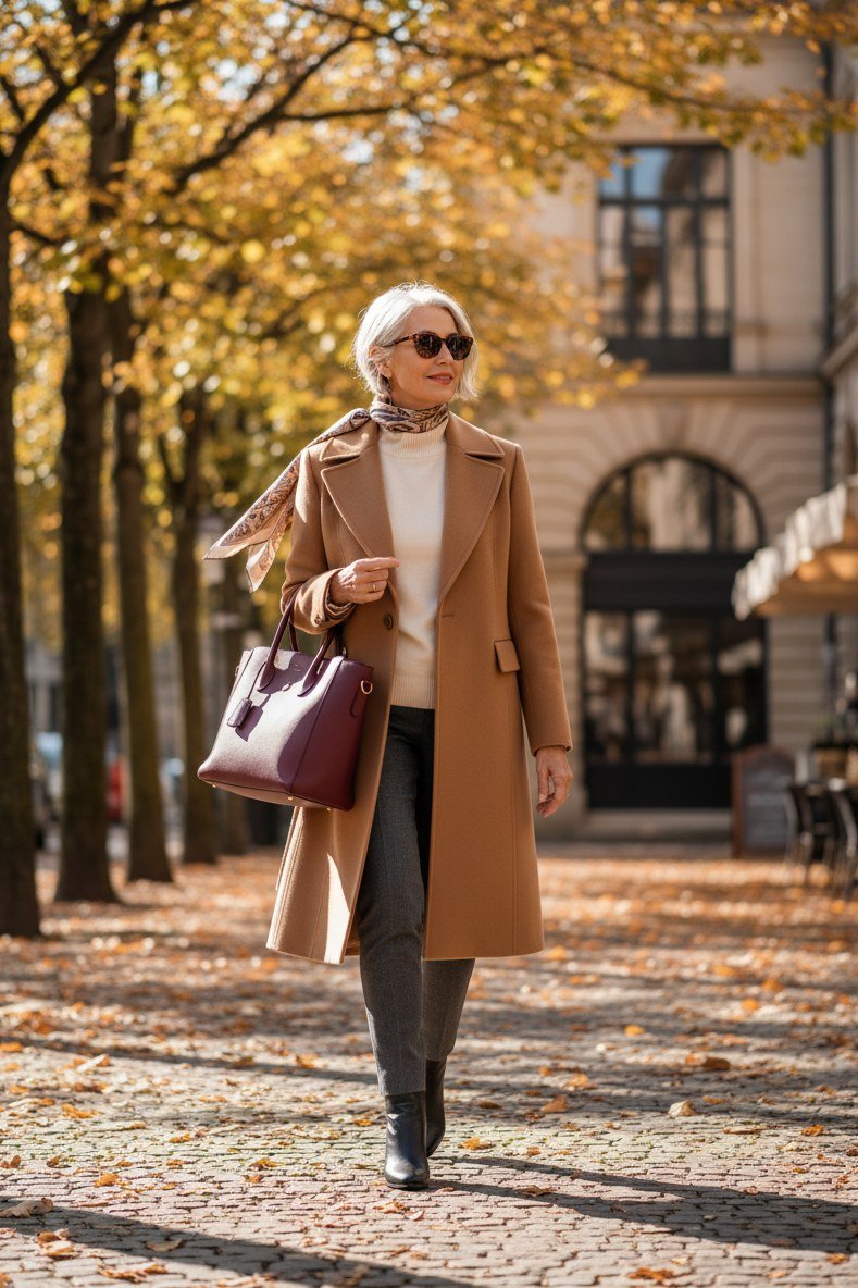 Camel wool coat with cream sweater and gray trousers for women over 50
