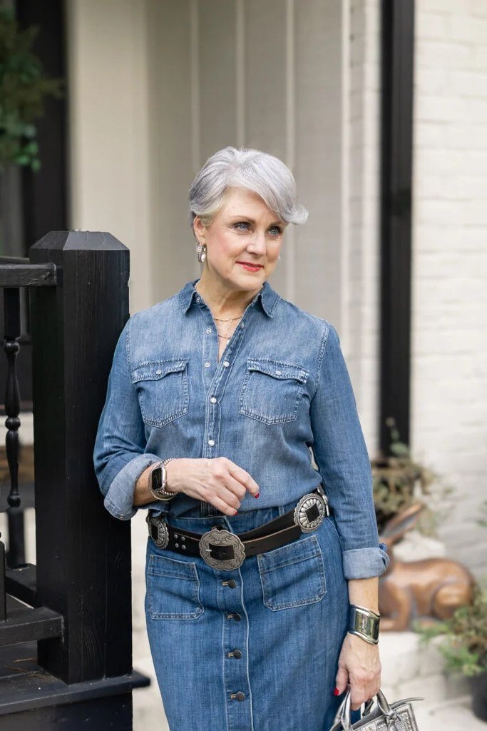 Blue Chambray Shirt Dress, smart casual outfit for women over 50