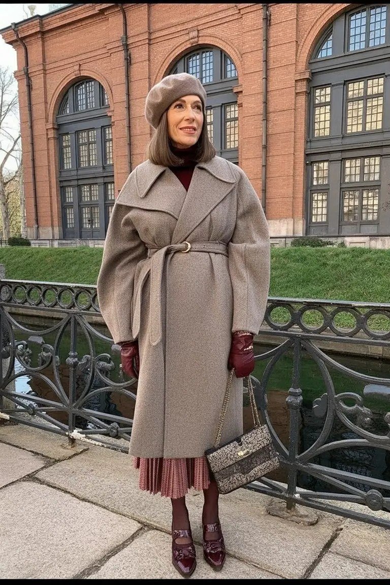 taupe belted wrap coat with beret church outfit for women over 60