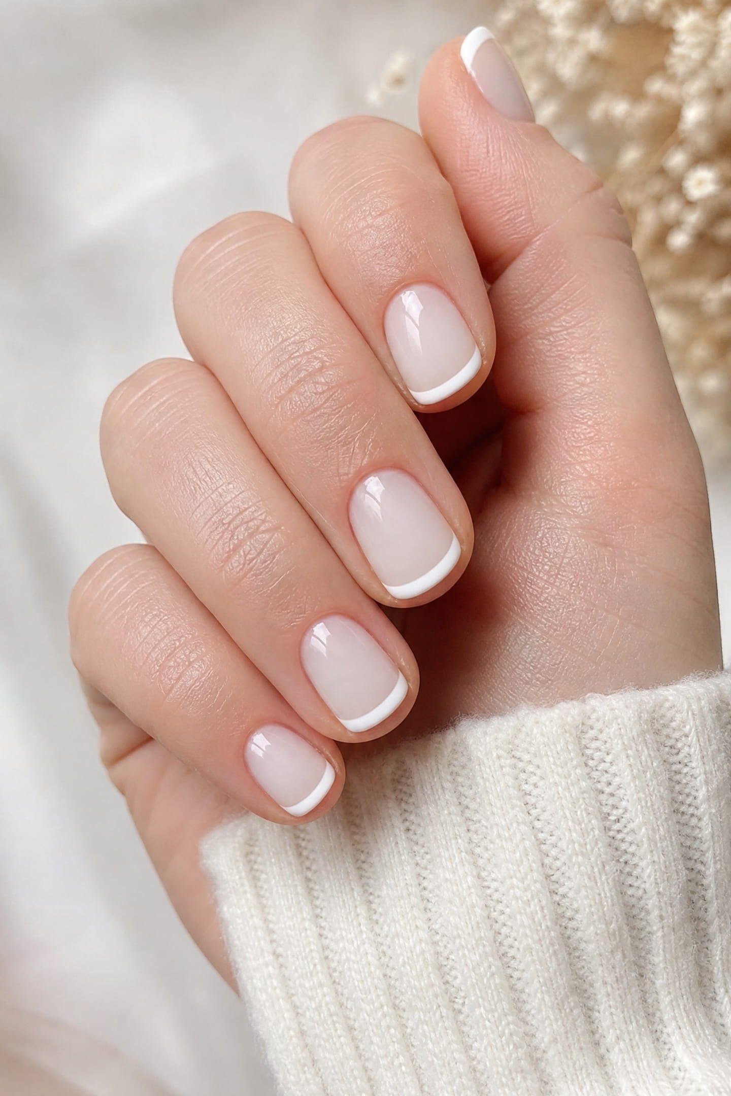 Micro French in White Knit - short French nails for women over 60