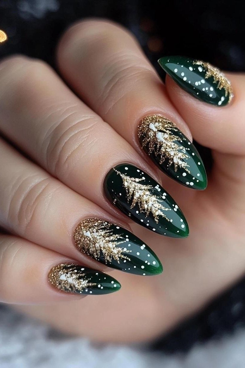 Emerald Gold Pine Glitter Stiletto Nails - emerald green gold feather glitter stiletto, glitter winter nail design for women over 60