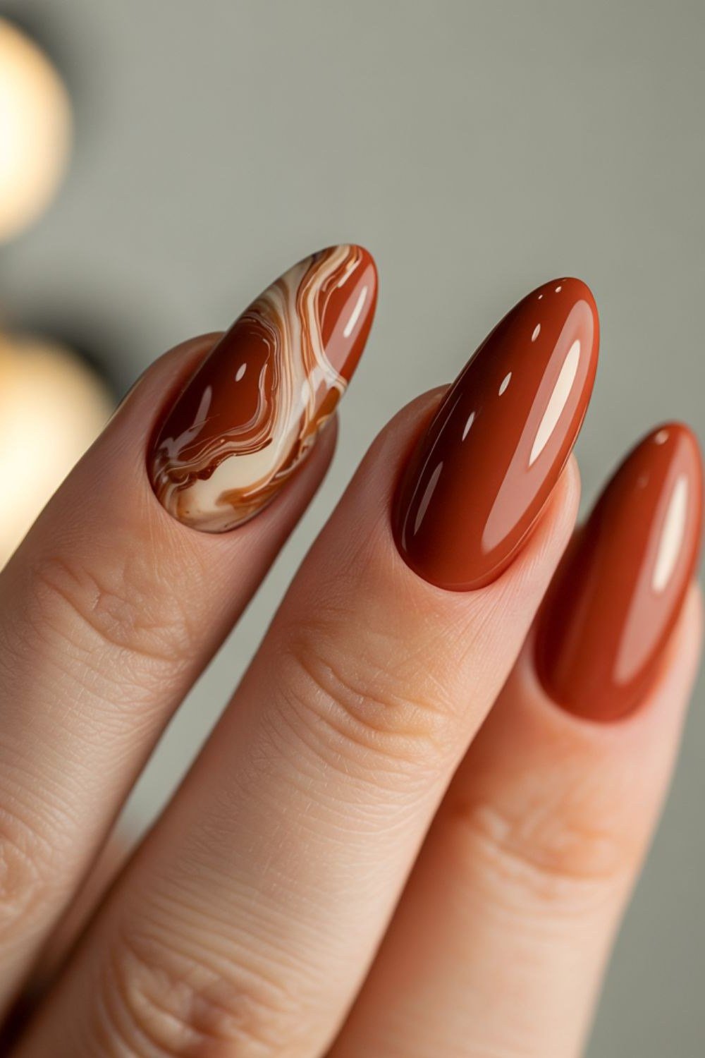 Caramel Marble Almond Nails, chocolate brown fall nail design for women over 60