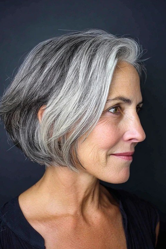 salt and pepper lob haircut for women over 50, side view
