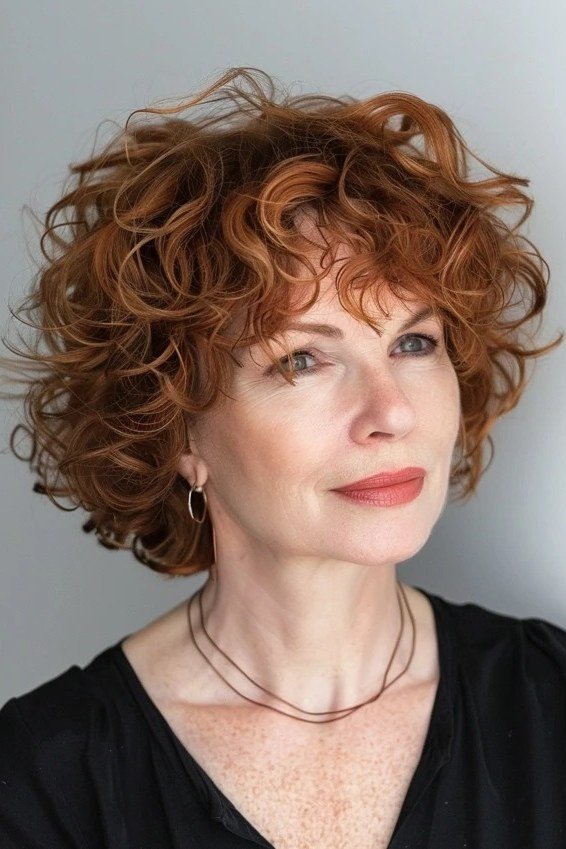 Copper curly bixie haircut front view for women over 60