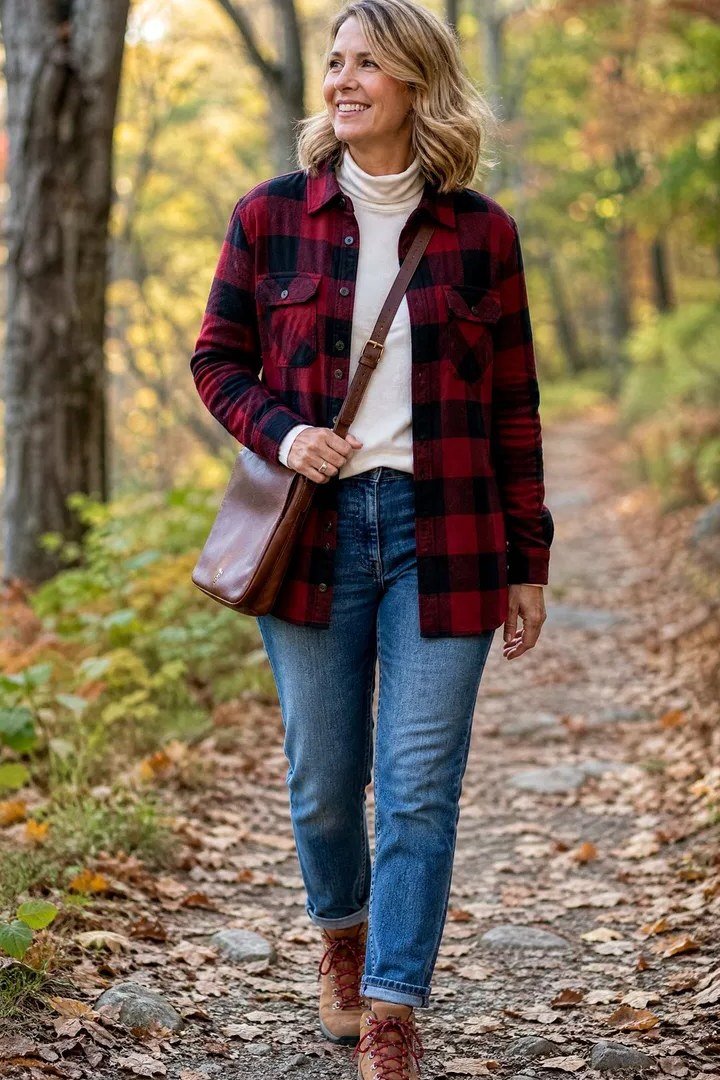 Red buffalo plaid shirt jeans red buffalo plaid shirt blue jeans brown boots 40s - fall outfit idea for women over 40