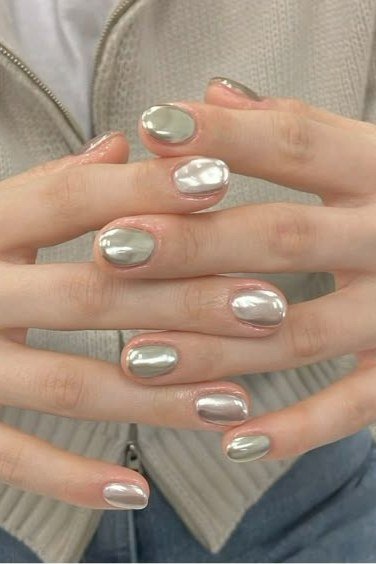 Silver Chrome on Short Natural Nails - chrome nail designs for women over 60