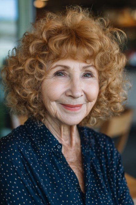Copper curly bob with bangs front view - curly hairstyle for women over 60