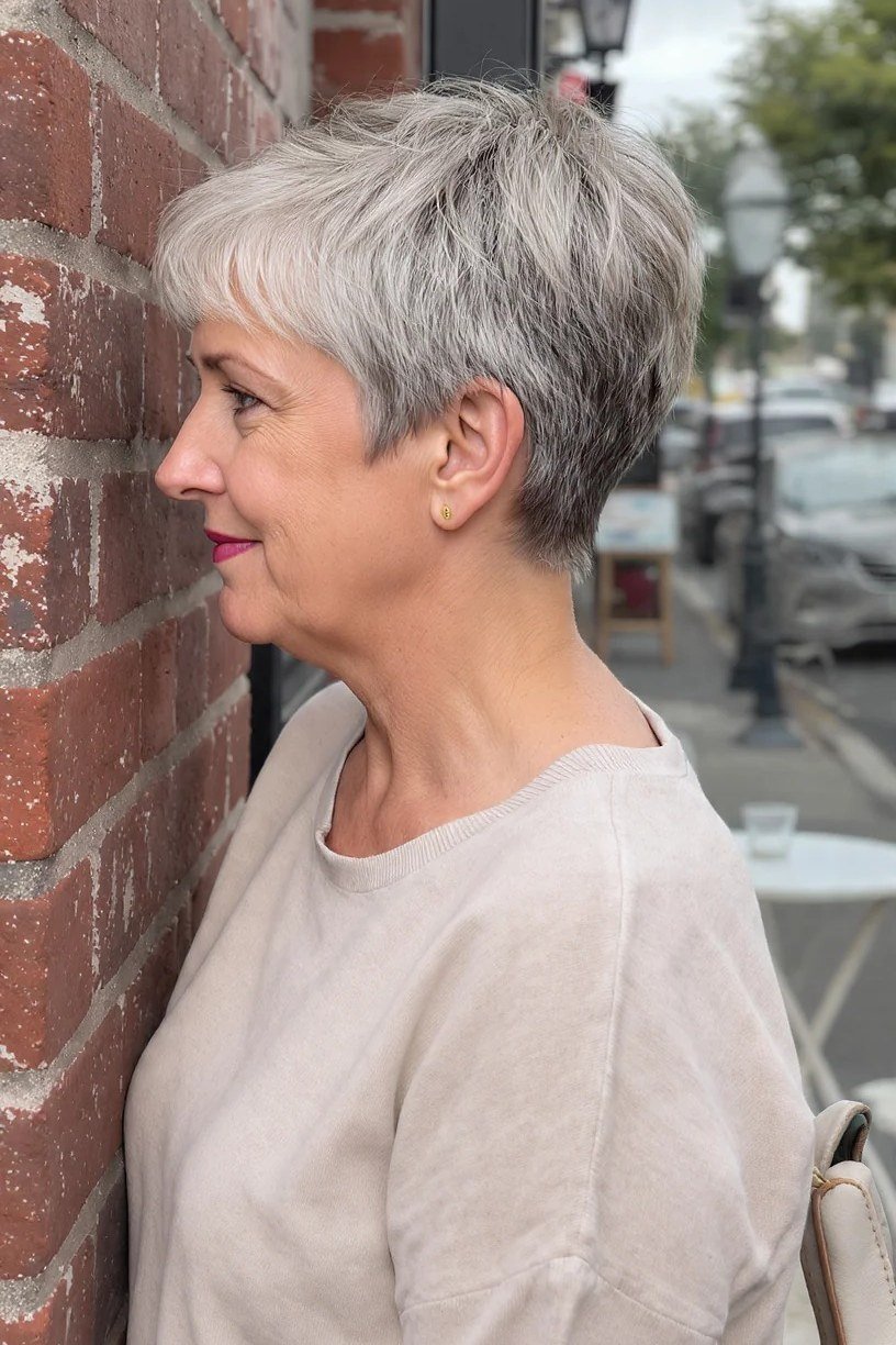 Gray Pixie with a Pop of Pink - sassy hairstyle for older women