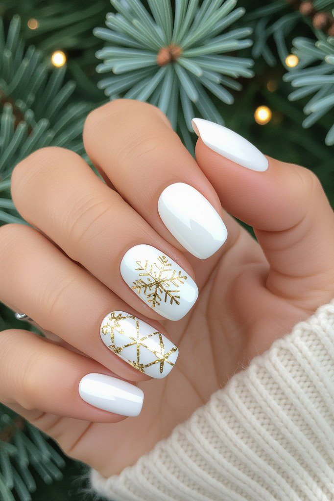 White Nails with Gold Snowflake Art for women over 60