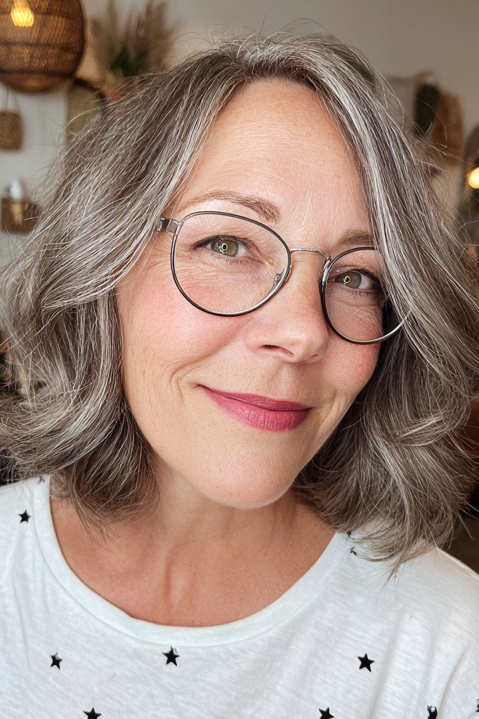 Grey Wavy Butterfly Cut with Glasses - butterfly cut hairstyle for women over 60