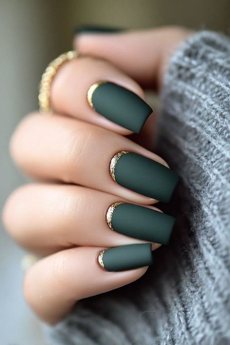 47. Matte Olive Nails With Gold Rims - Thanksgiving nail art idea for women over 50