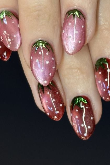 Almond nails with realistic strawberry fruit art