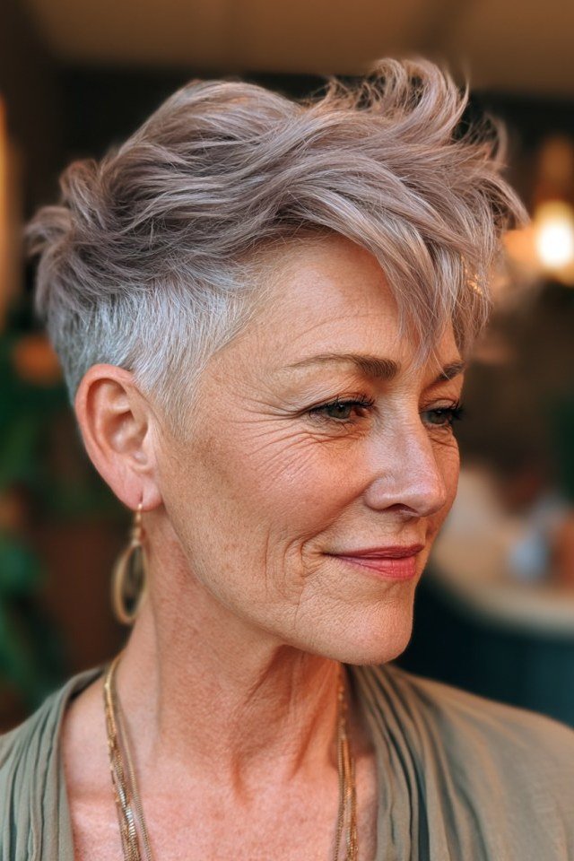 Pink-Grey Pixie - bold edgy pixie haircut for women over 50