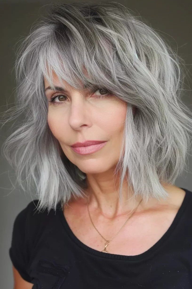 Silver Shaggy Layered Bob for women over 60