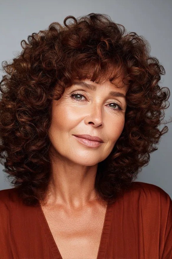 Chocolate brown bouncy curly lob, front view, older woman
