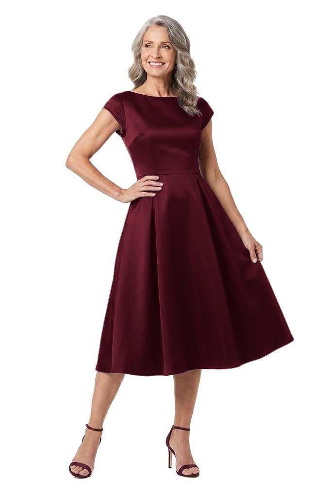 burgundy satin fit-and-flare midi dress
