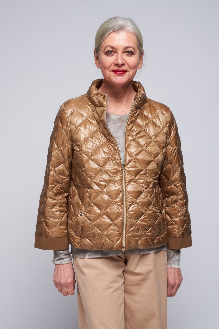 Gold bronze quilted jacket outfit for women over 60