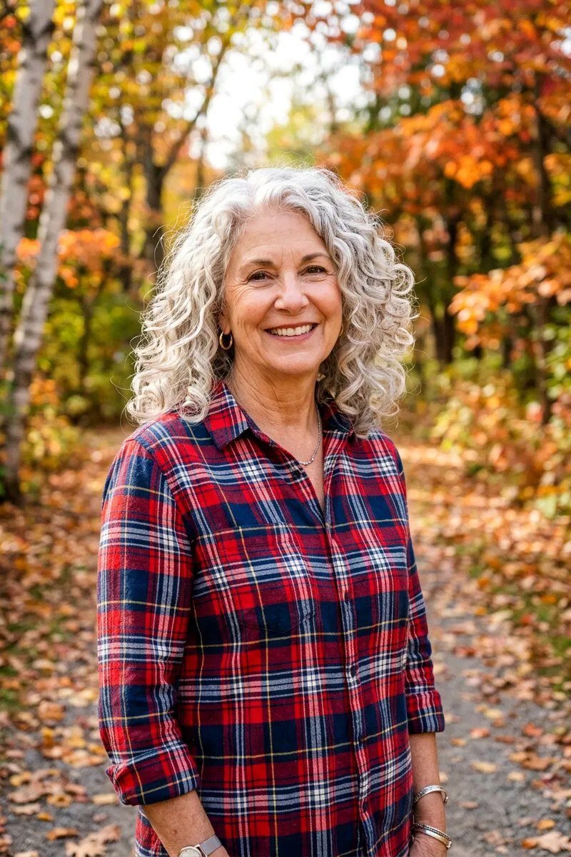 Red and navy plaid flannel shirt, cozy casual fall outfit for women over 50