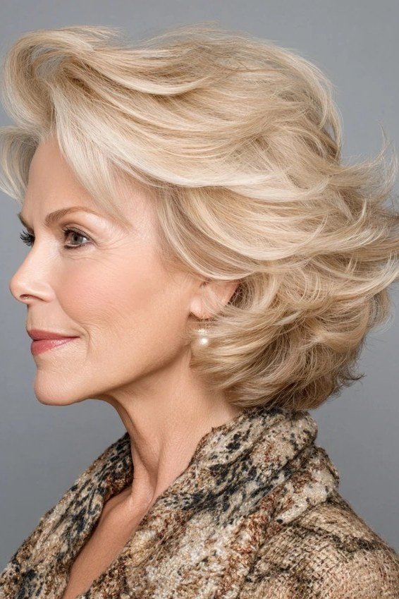Feathered Blonde Chin Bob - medium hairstyle for women over 60
