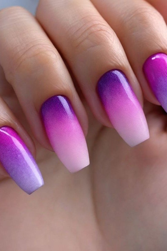 Purple White Coffin Ombre - Rich violet melts into milky white on these medium coffin nails with a glassy shine.