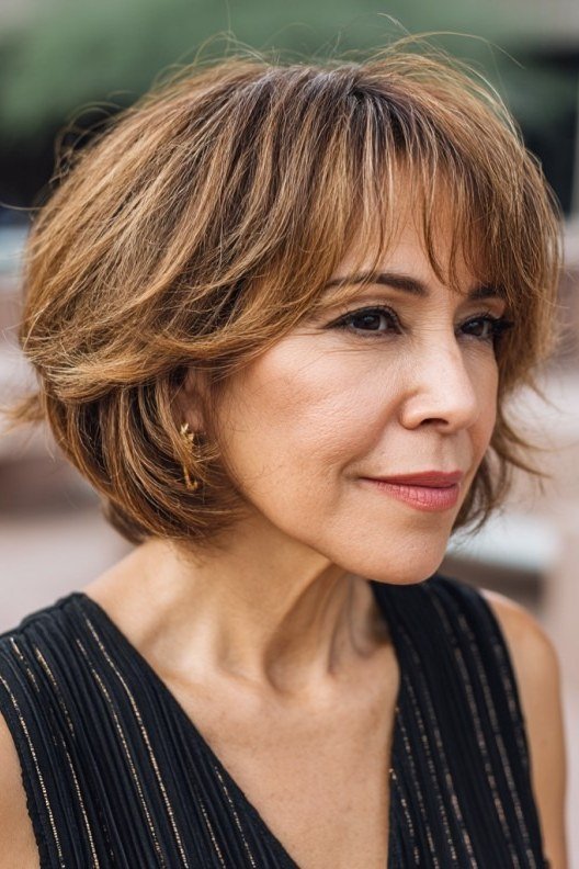Warm Brown Bob with Bangs, Three-Quarter View - short wavy bob hairstyle for women over 60