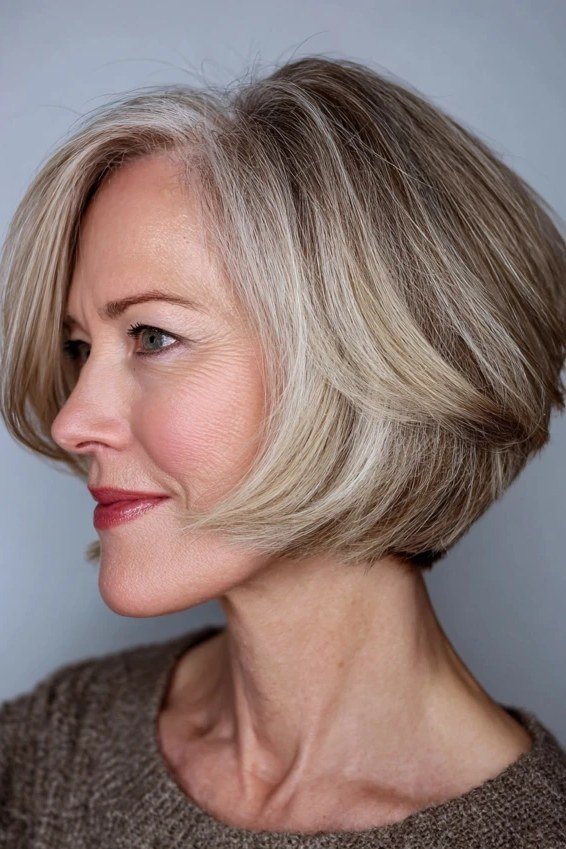 Gray layered bob haircut on an older woman in side profile, medium hairstyle for women over 60