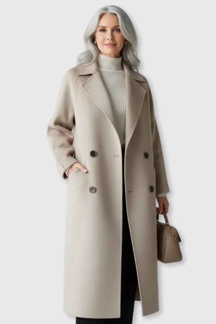 Beige midi coat with a cream turtleneck for women over 50 at work