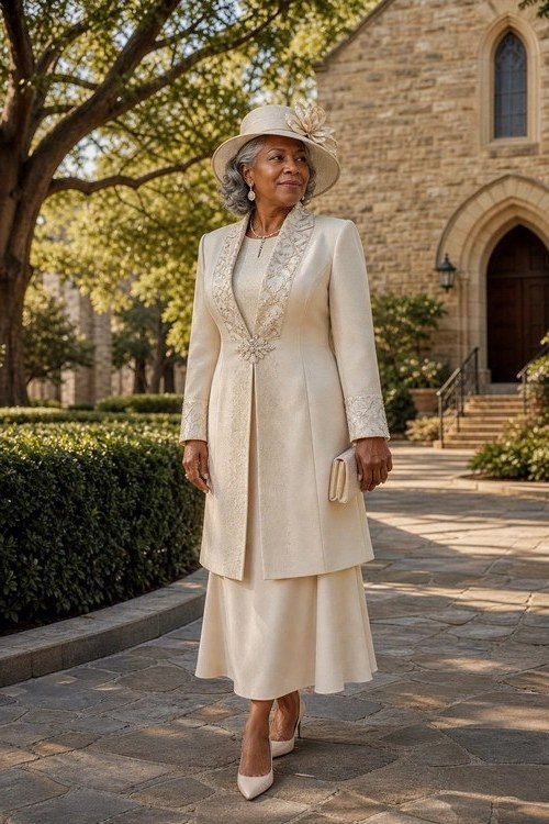 Cream suit dress with elegant hat for women over 60