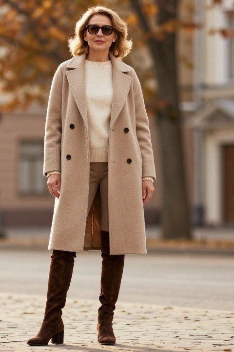 Cream Coat with Tall Brown Boots - fall outfit for women over 40