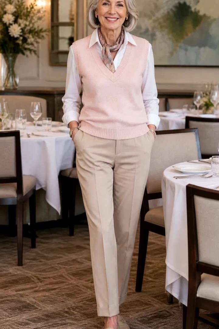 blush pink knit vest beige trousers over 50