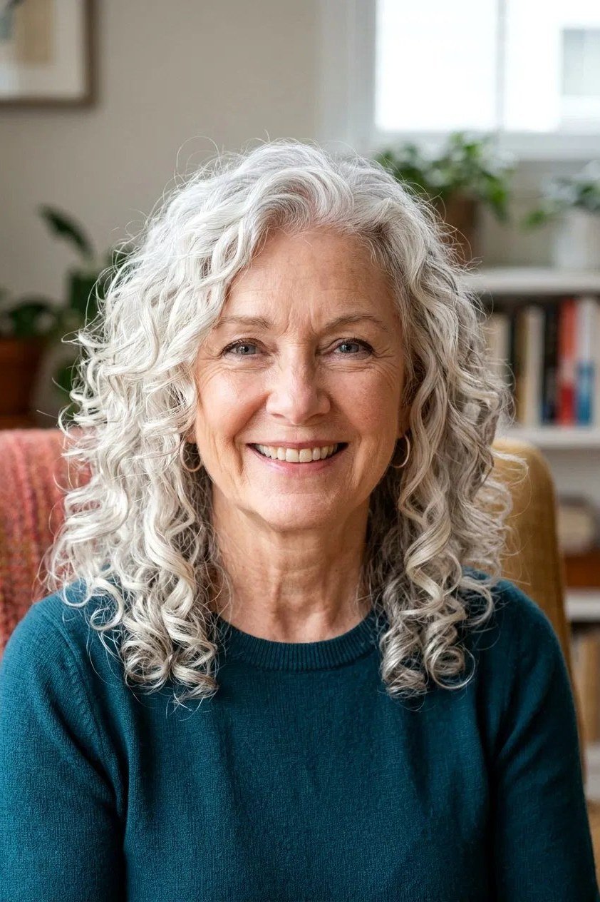 Long gray spiral curls for women over 60
