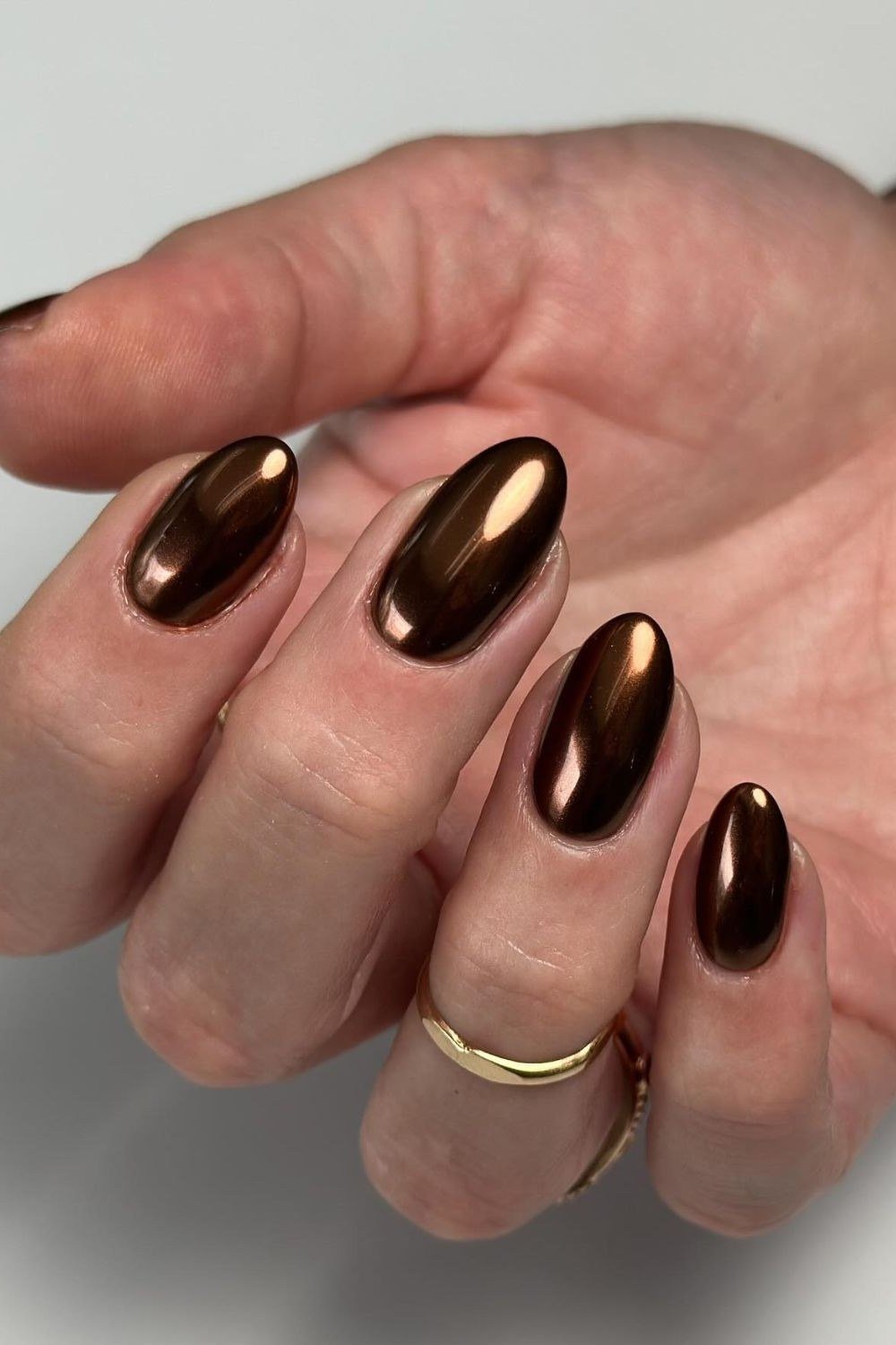 Bronze Chrome Short Almond Nails, fall nail color idea for women over 50