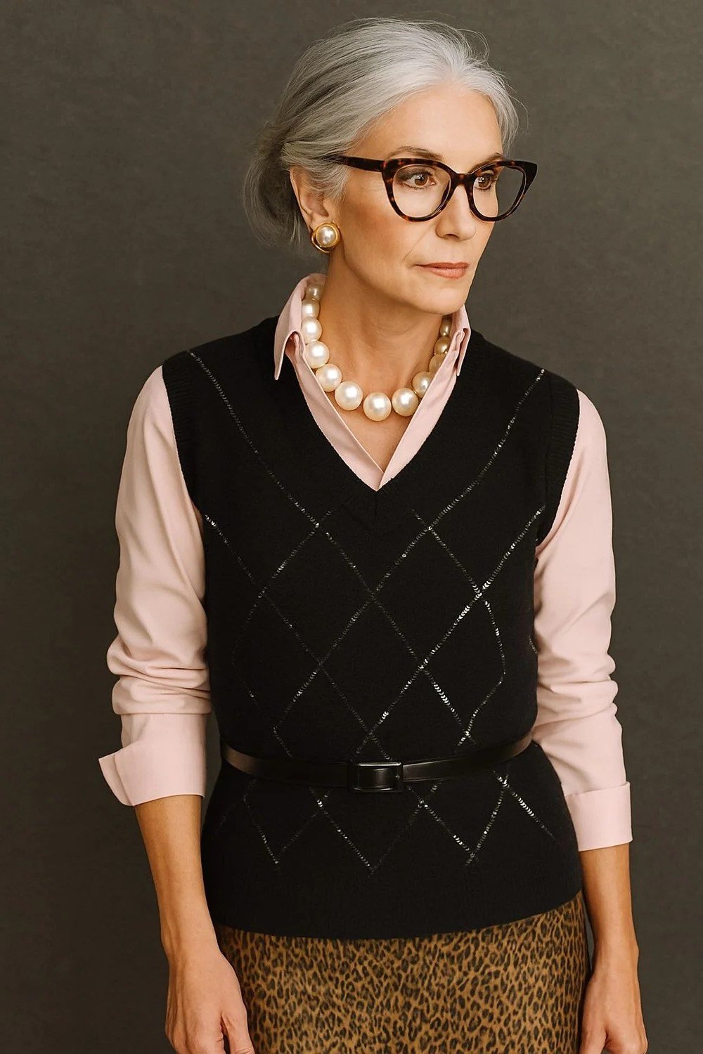 Black argyle sweater vest over pink shirt with pearls, cozy sweater outfit idea for women over 70