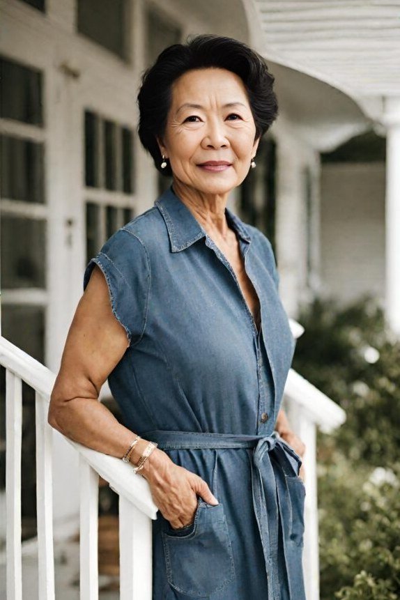 Older woman in a blue chambray cap-sleeve shirt dress, leaning on a porch railing - summer dress for women over 50