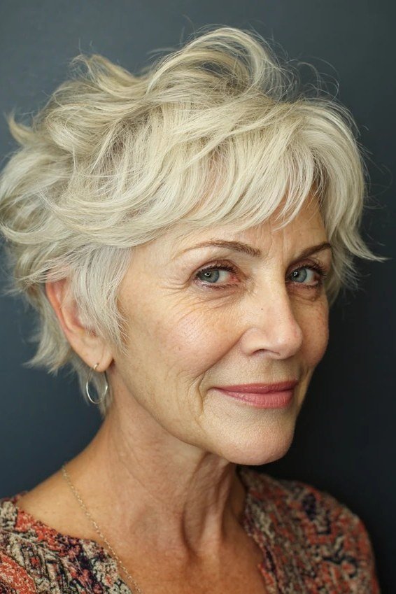 Blonde fluffy choppy pixie haircut for women over 60