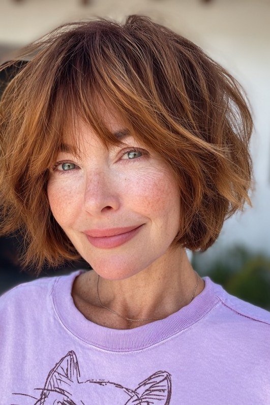 Tousled copper-auburn french bob with wispy bangs and lavender tee