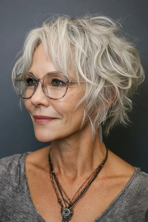Silver wavy layered bob with glasses, front view, silver wavy bob for women over 50 with glasses