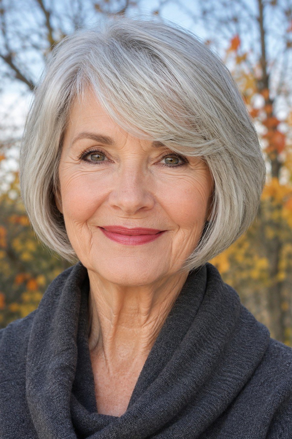 Silver Bob with Side-Swept Bangs - grey shoulder length hairstyle for women over 60