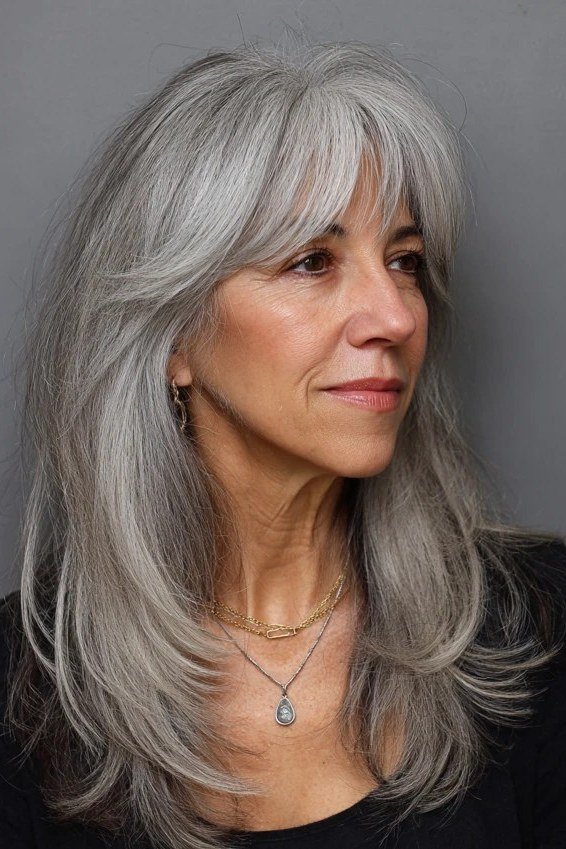 Long Grey Hair with Bangs - grey hairstyle for women over 60