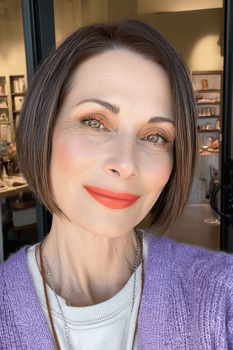 dark brown sleek bob, front view for women over 50