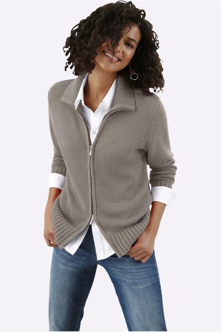 gray zip cardigan white shirt jeans fall outfit over 50