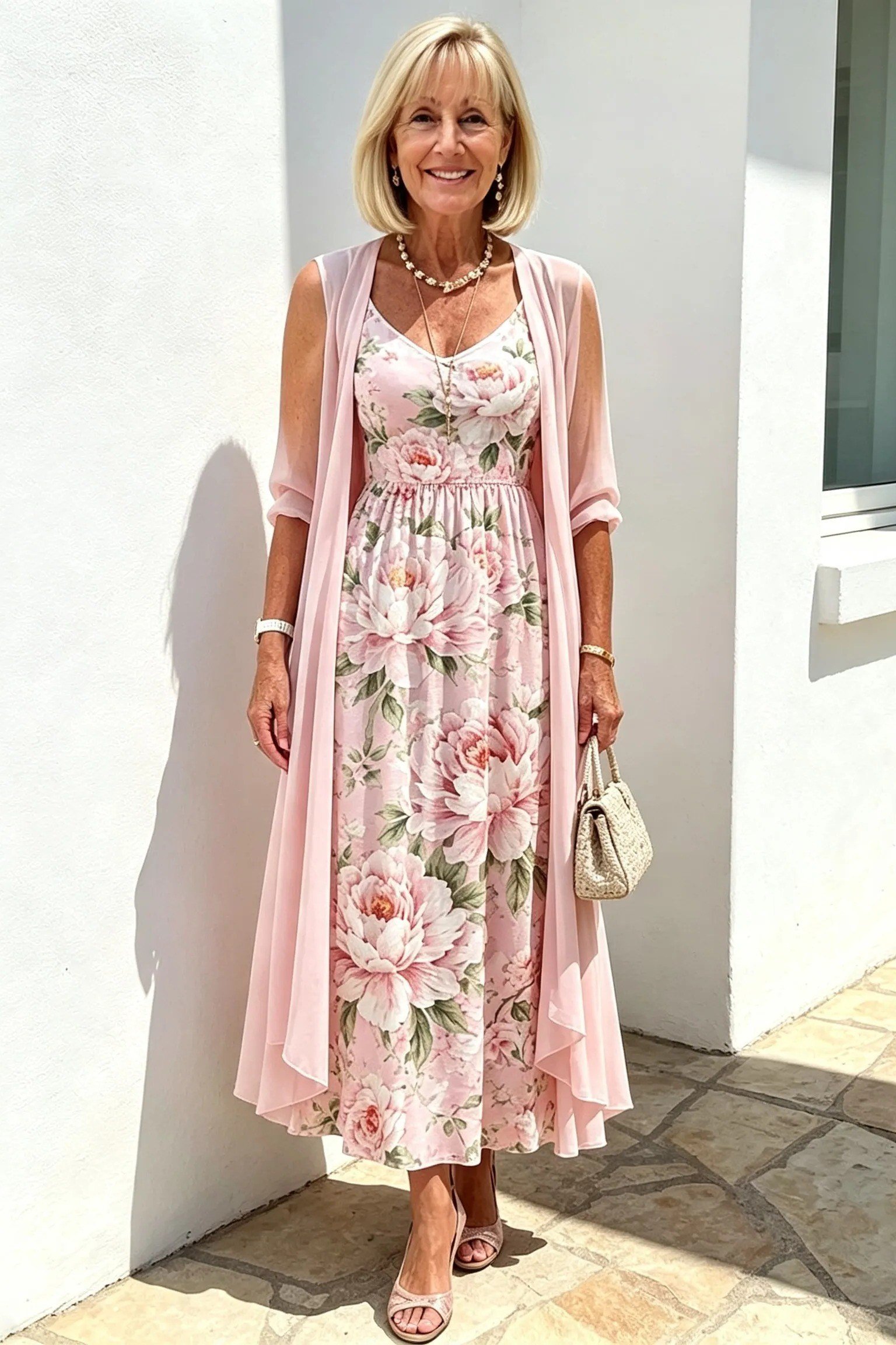 pink floral maxi dress with duster for women over 60