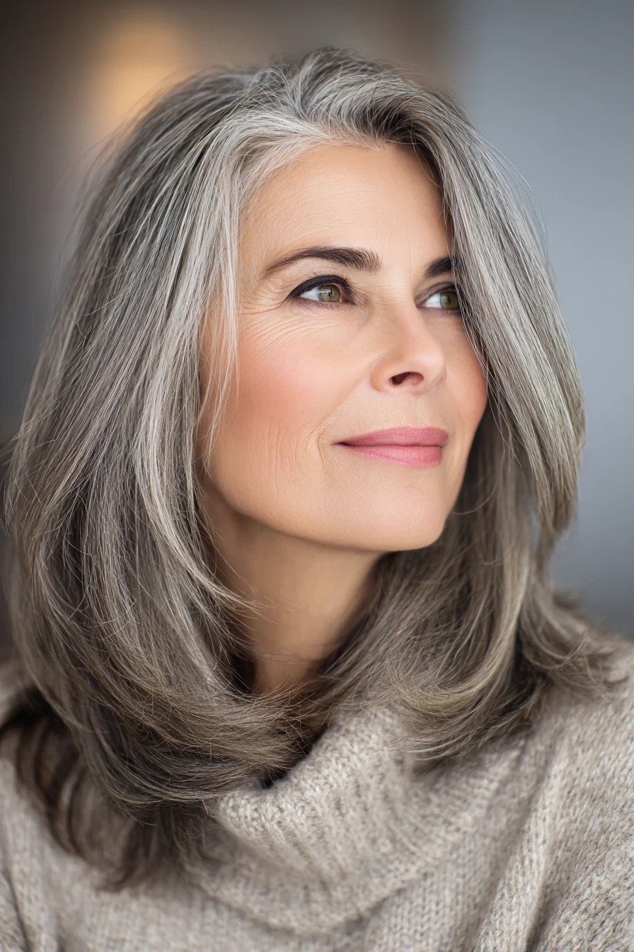 Soft silver layered medium haircut for women over 60
