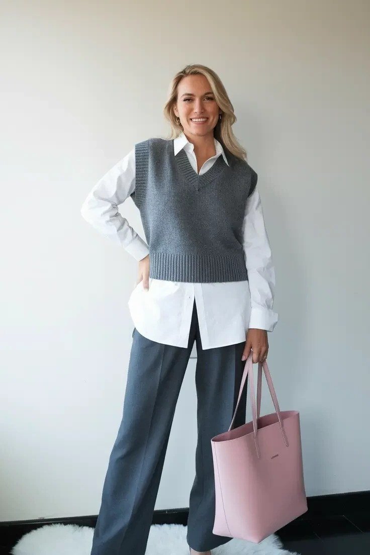 Grey knit vest over white shirt with wide slate trousers, woman over 50