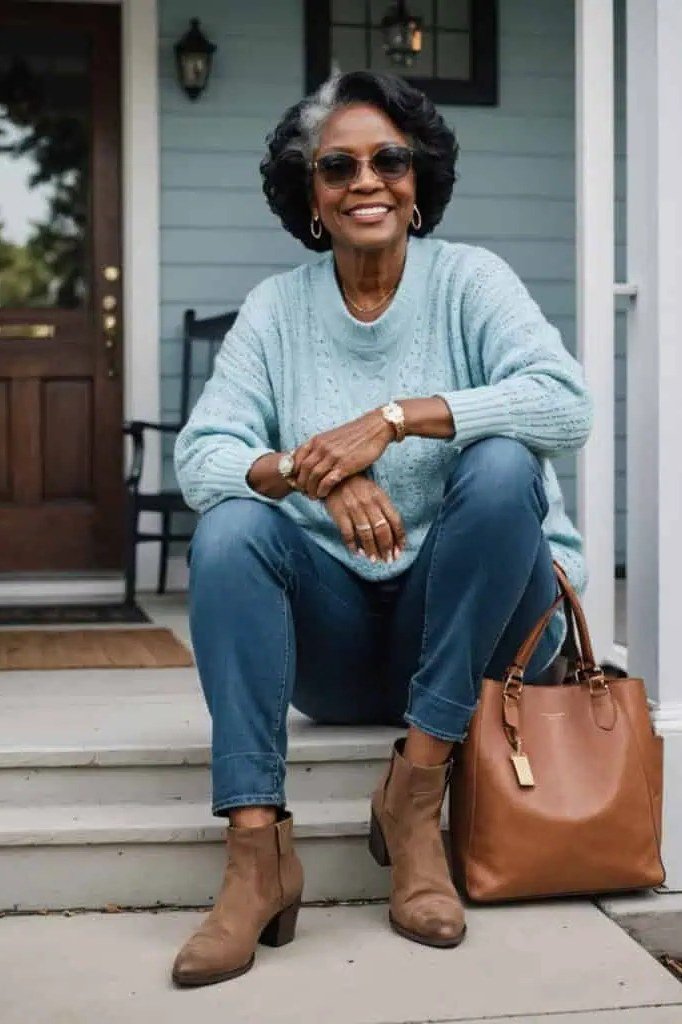 Light blue sweater with blue jeans, tan ankle boots and tan tote, seated on porch steps