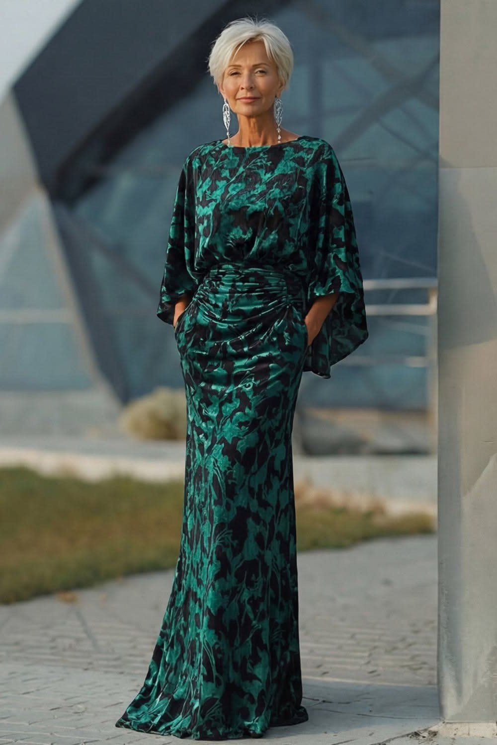 Emerald patterned caftan evening gown for women over 50, fall date night outfit