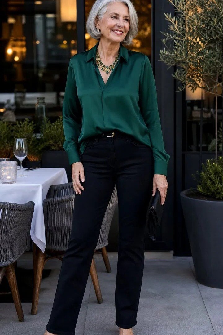 Woman over 60 wearing emerald green blouse, black jeans, black heels, restaurant