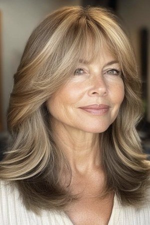 Polished blonde long layers with curtain bangs and soft volume for women over 40
